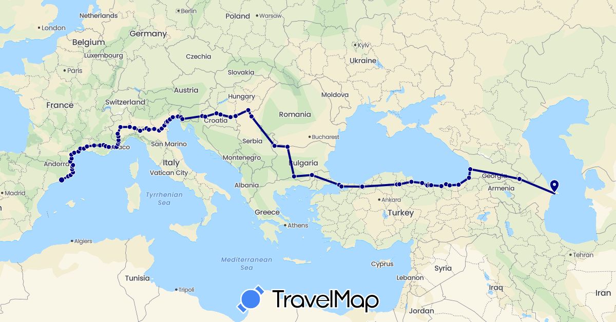 TravelMap itinerary: driving in Azerbaijan, Bulgaria, Spain, France, Georgia, Croatia, Hungary, Italy, Serbia, Slovenia, Turkey (Asia, Europe)